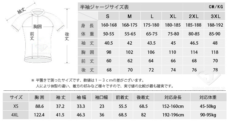 サイクル半袖シャツサイズ表